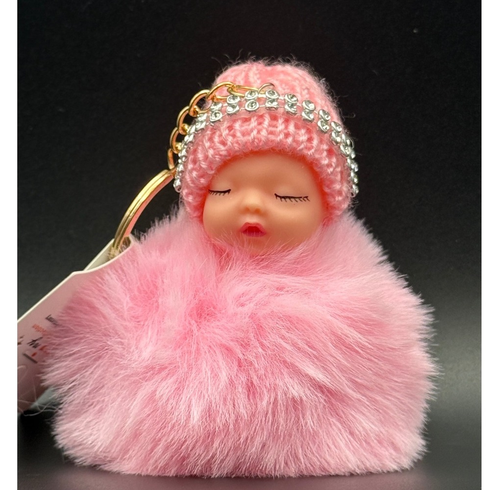 Sisi Collection Pink Baby Doll Beanie Pom Pom Keychain Rhinestone‎ Furry
